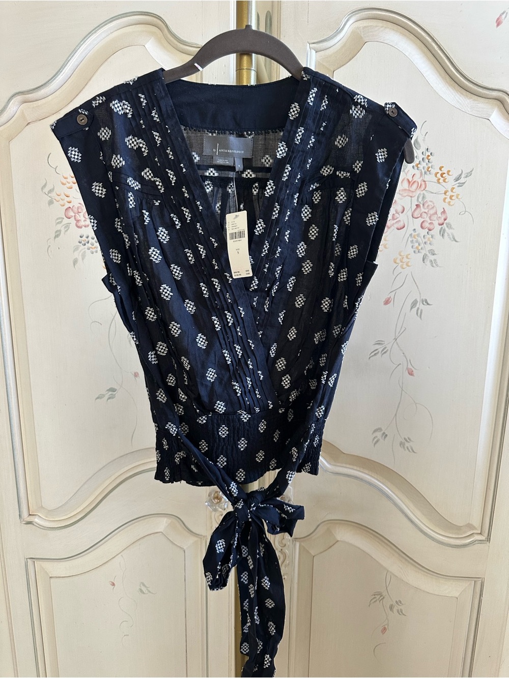 NWT Anthropologie Black Printed Tie-Front/Back V-Neck Blouse